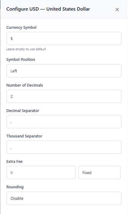 Per-currency configuration panel