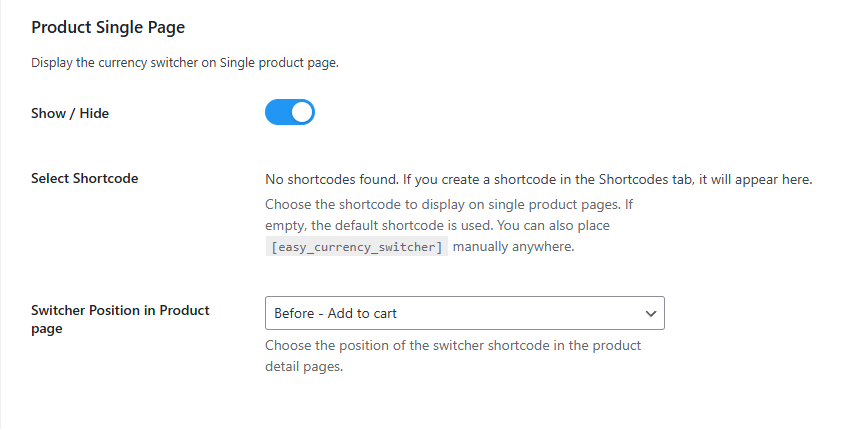 Product single page switcher settings