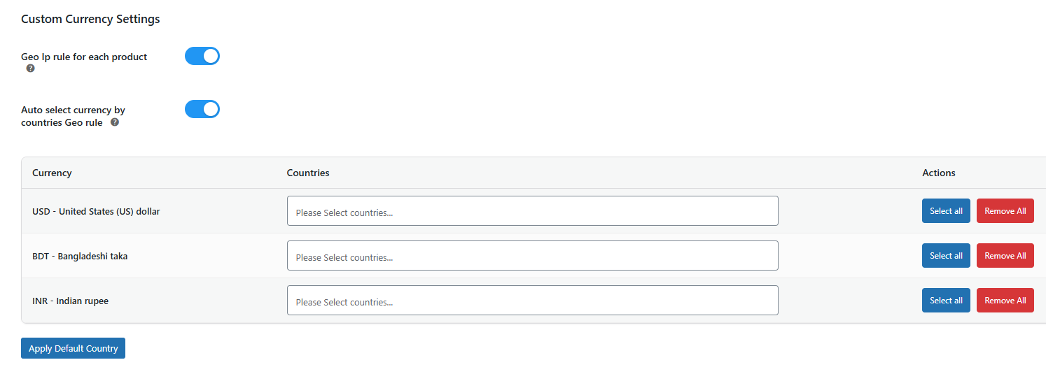 Custom currency geo settings