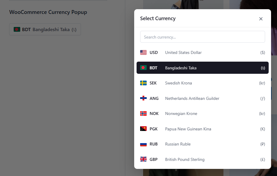 Popup currency switcher